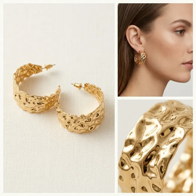 Gold textured wide c-shape hammered molten open hoop iron earrings