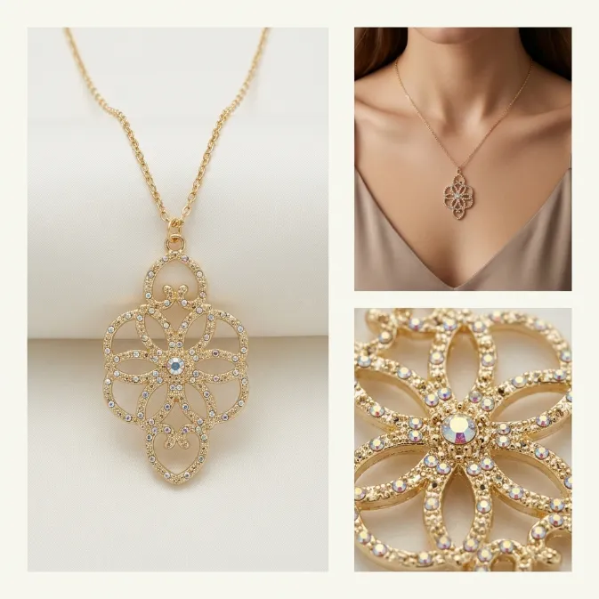 Women's vintage moroccan arabesque openwork flower gold pendant necklace with sparkling ab crystals palace jewelry