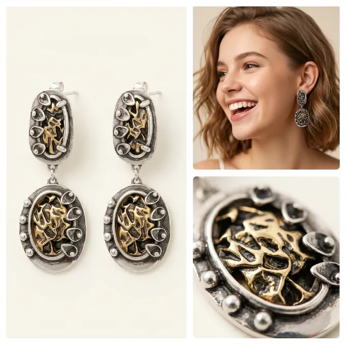 Women's vintage brutalist two-tone antique silver and gold molten organic oval dangle drop earrings statement modernist jewelry