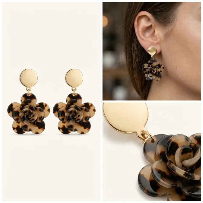 Women's vintage french chic polished gold disc stud layered tortoiseshell resin camellia flower statement dangle drop earrings retro jewelry