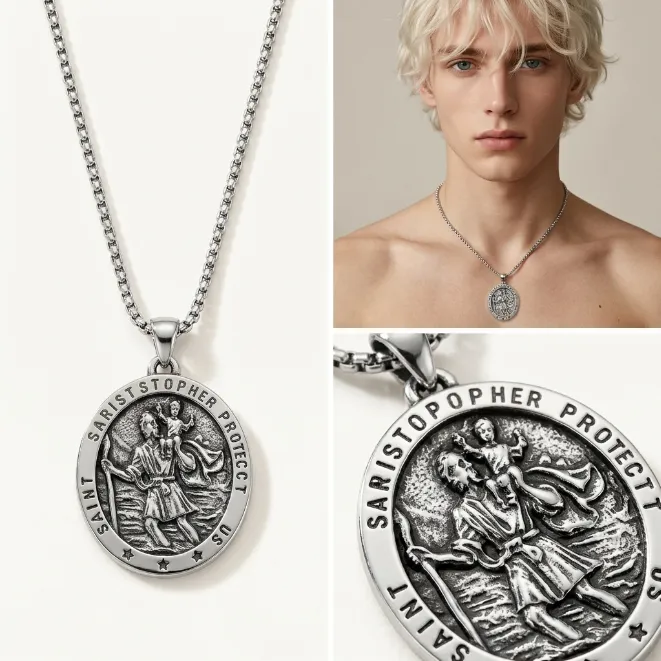 Men's vintage saint christopher protect us medallion zinc alloy pendant necklace with box chain religious traveler amulet jewelry