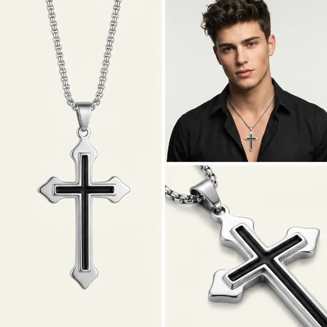 Men's classic gothic black enamel cross zinc alloy pendant necklace with box chain religious jewelry