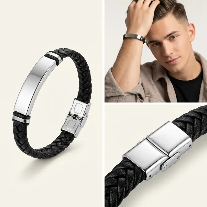 Men's classic blank engravable metal ID plate black braided leather bracelet with fold over clasp urban jewelry