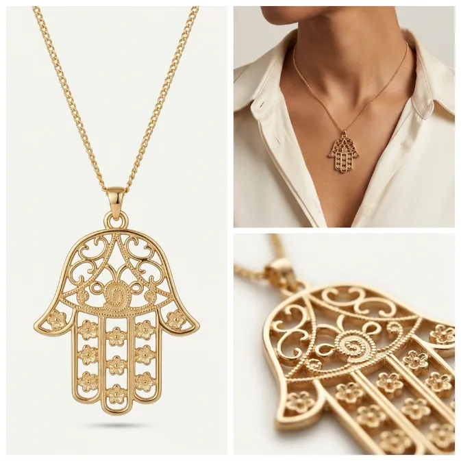 Women's vintage bohemian gold hamsa hand of fatima filigree floral zinc alloy pendant necklace with cable chain spiritual protection jewelry