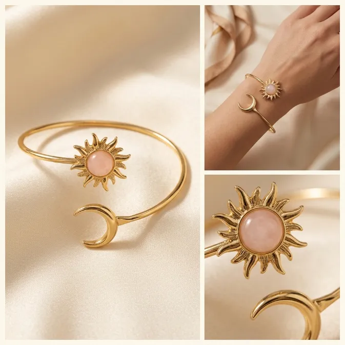 Women's vintage celestial gold radiant sun pink quartz and crescent moon open cuff bangle bracelet boho jewelry