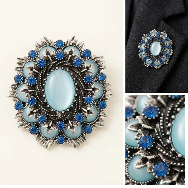 Antique silver light blue cat eye stone and royal blue rhinestone zinc alloy vintage brooch pin