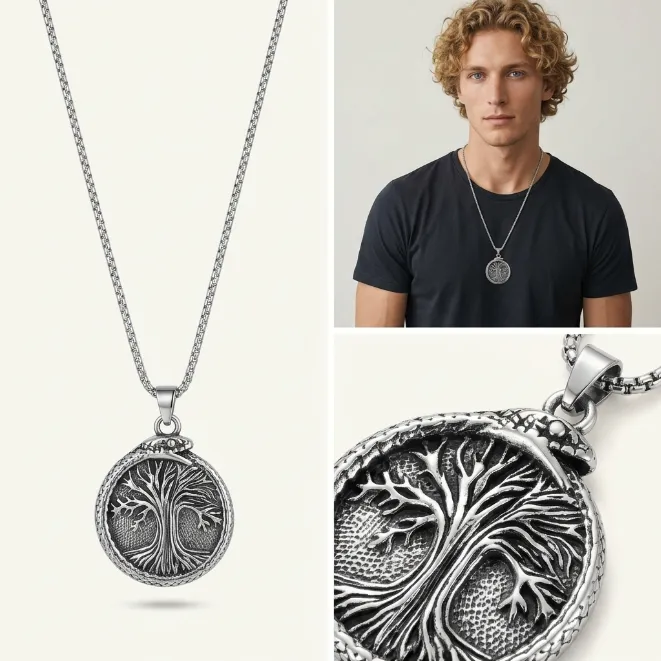 Men's vintage viking ouroboros snake and tree of life medallion zinc alloy pendant necklace with wheat chain