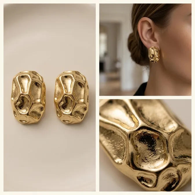 Women's vintage modernist organic molten gold chunky nugget stud earrings textured cratered statement jewelry