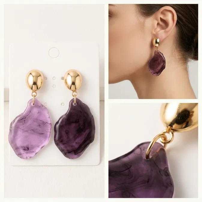 Women's modern french chic polished gold stud organic freeform purple ink marble resin statement dangle drop earrings artistic jewelry
