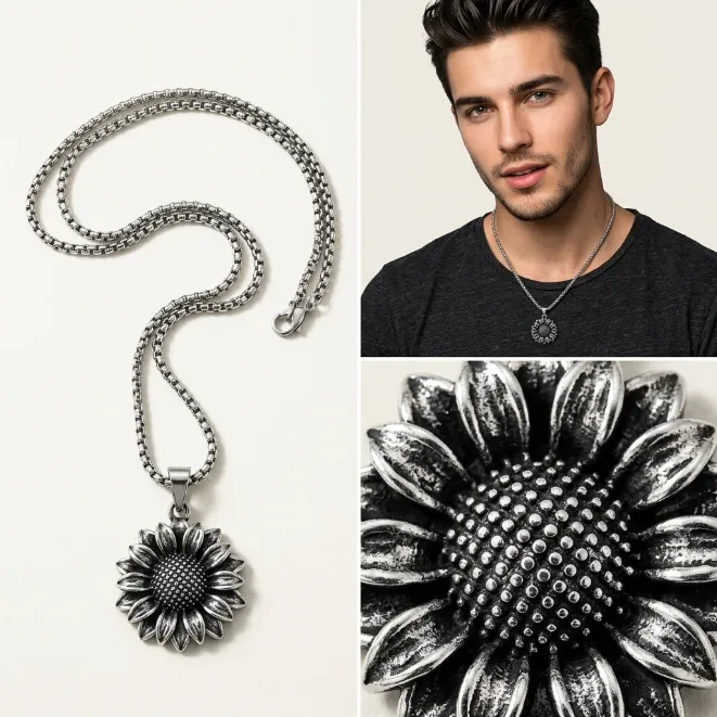 Men's vintage blooming sunflower floral zinc alloy pendant necklace with box chain amekaji botanical jewelry