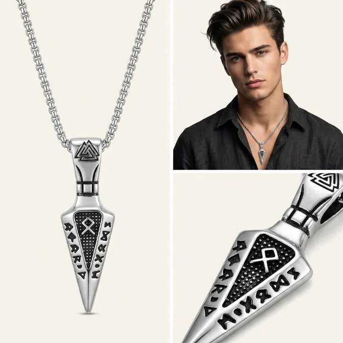 Men's vintage nordic viking spearhead arrowhead valknut rune zinc alloy pendant necklace with box chain pagan warrior jewelry
