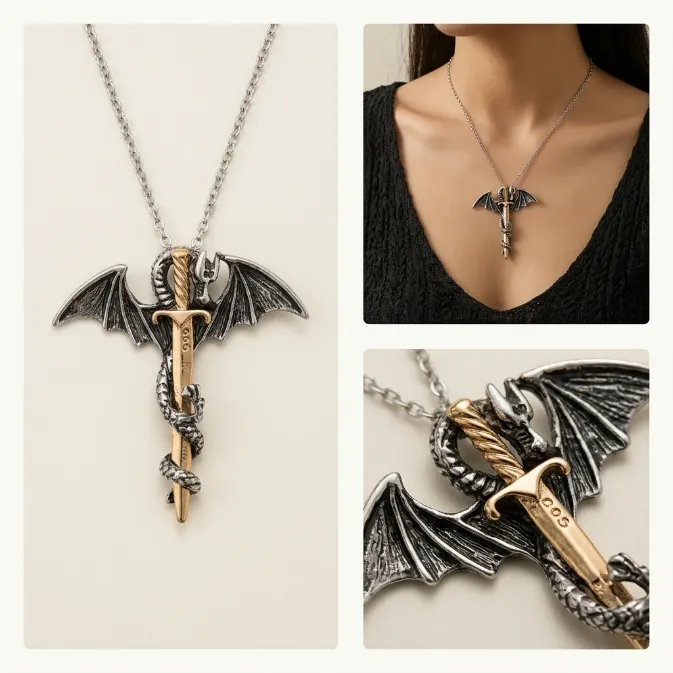 Women's vintage medieval two-tone dragon coiled sword alloy pendant necklace with cable chain gothic fantasy jewelry