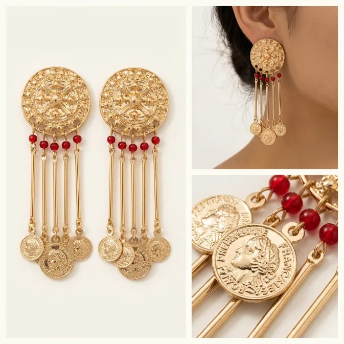 Women's vintage byzantine gold cross medallion roman coin tassel dangle earrings with red beads statement jewelry