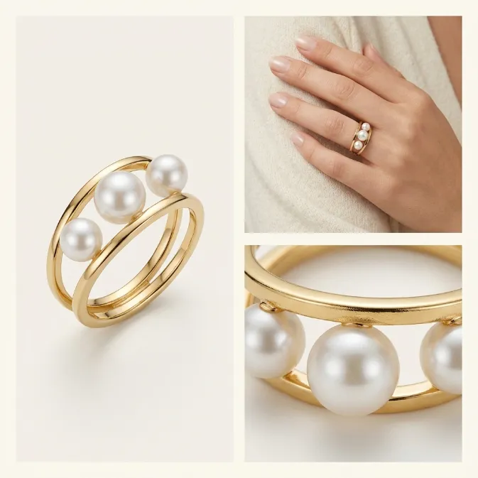 Women's modern minimalist gold dual-band floating white pearl statement ring geometric french chic jewelry