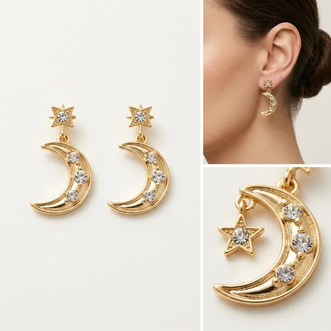 Gold celestial starburst stud zinc alloy drop earrings with rhinestone crescent moon