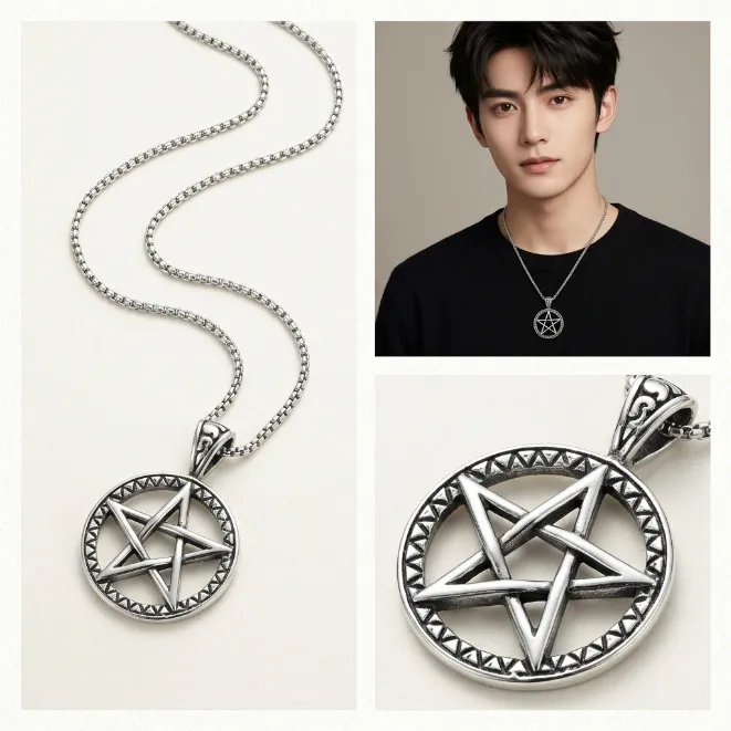 Men's vintage gothic openwork pentagram pentacle zinc alloy pendant necklace with box chain wicca jewelry
