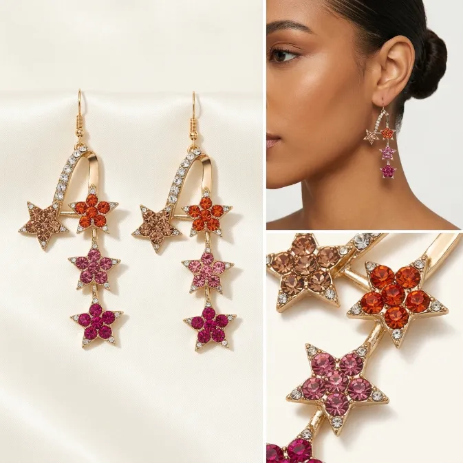 Women's romantic colorful crystal shooting star dangle drop earrings gradient pink fuchsia celestial jewelry