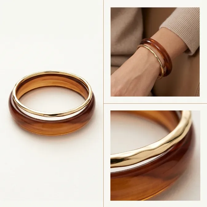 Women's vintage translucent amber brown resin and wavy gold metal layered stack bangle bracelet french chic jewelry