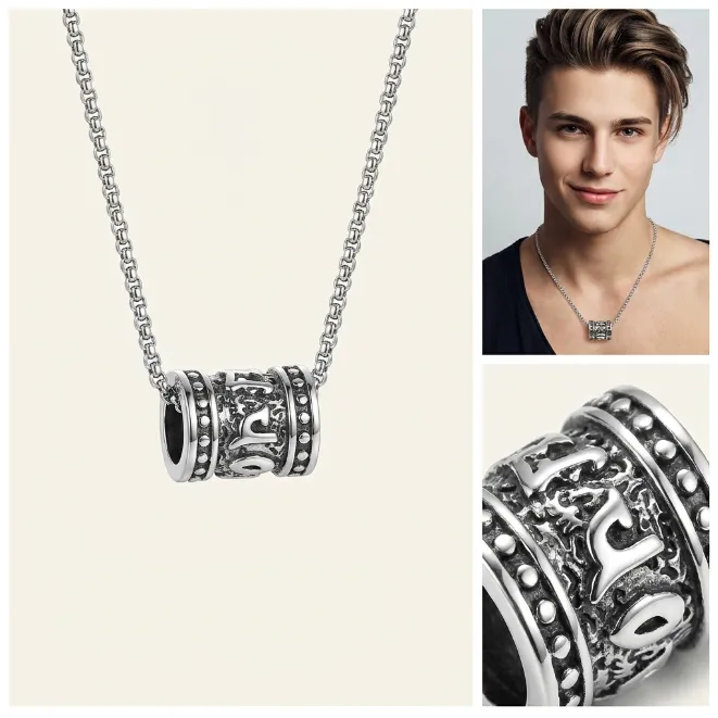 Men's vintage buddhist om mani padme hum mantra tube bead zinc alloy pendant necklace with box chain spiritual amulet jewelry