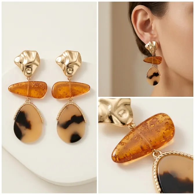 Women's vintage bohemian gold molten metal amber resin slab and tortoiseshell teardrop 3-tier statement dangle drop earrings earthy jewelry