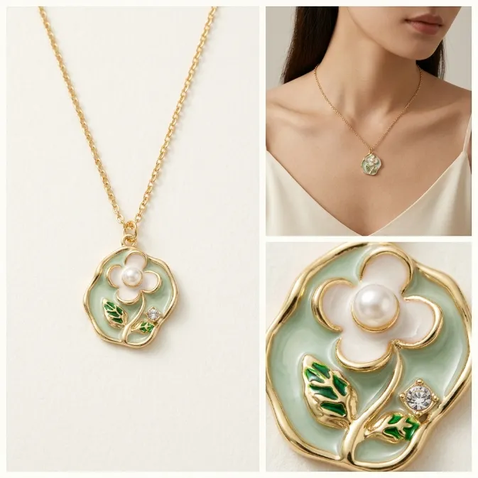Women's vintage french enamel flower zinc alloy pendant necklace with pearl mint green daisy cottagecore jewelry