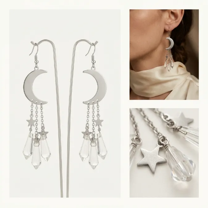 Women's celestial silver crescent moon stars and faceted clear crystal prism dangle drop earrings ethereal witchy jewelry