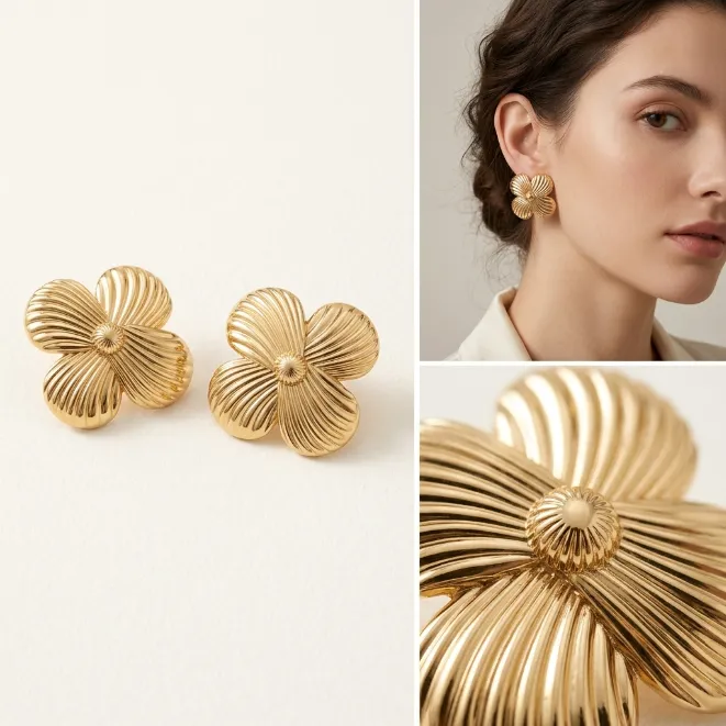 Gold textured fluted 4-petal flower iron stud earrings French vintage jewelry