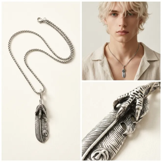Men's vintage native american eagle claw feather zinc alloy pendant necklace with box chain amekaji biker jewelry