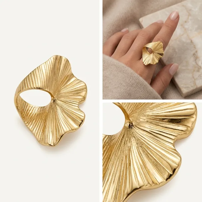 Women's modern sculptural textured gold wavy pleated ginkgo leaf wide statement ring organic botanical jewelry
