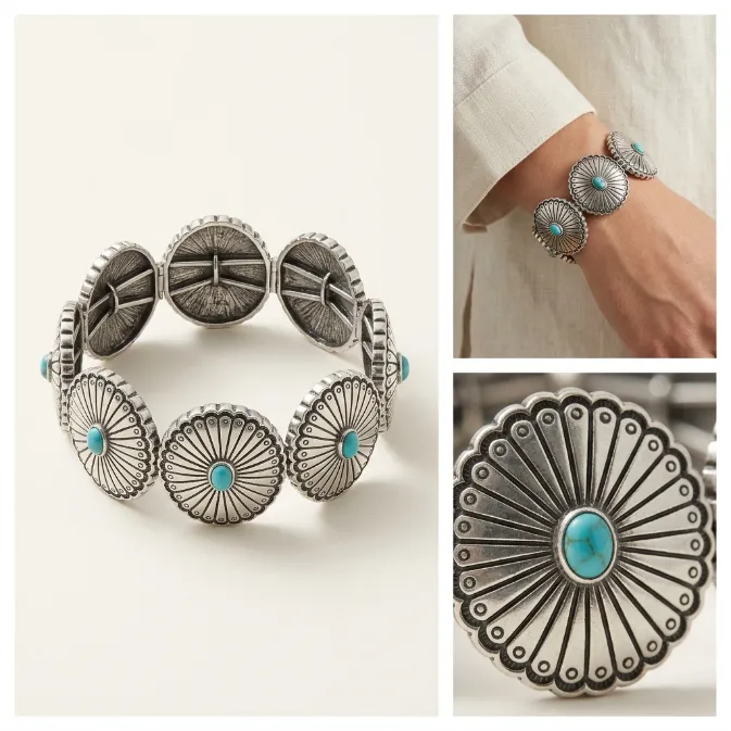 Women's vintage southwestern navajo sunburst concho antique silver turquoise stretch bracelet western boho jewelry