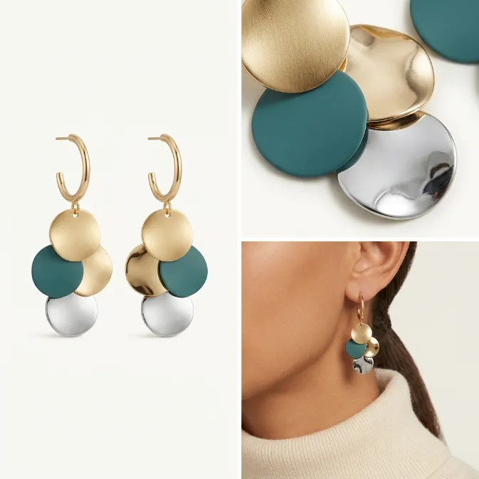 Women's modern geometric color-block cascading gold silver matte teal green disc dangle drop hoop earrings pop art jewelry