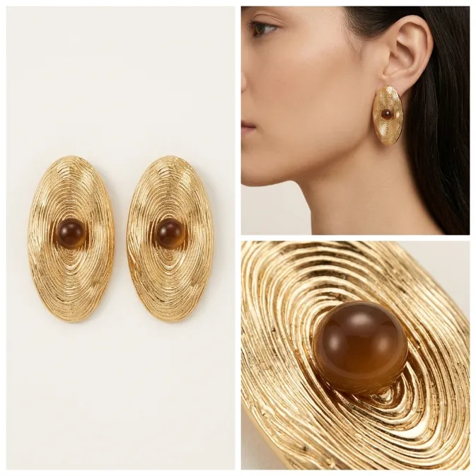 Women's vintage textured gold concentric ripple oval shield stud earrings with amber brown cabochon stone center statement jewelry