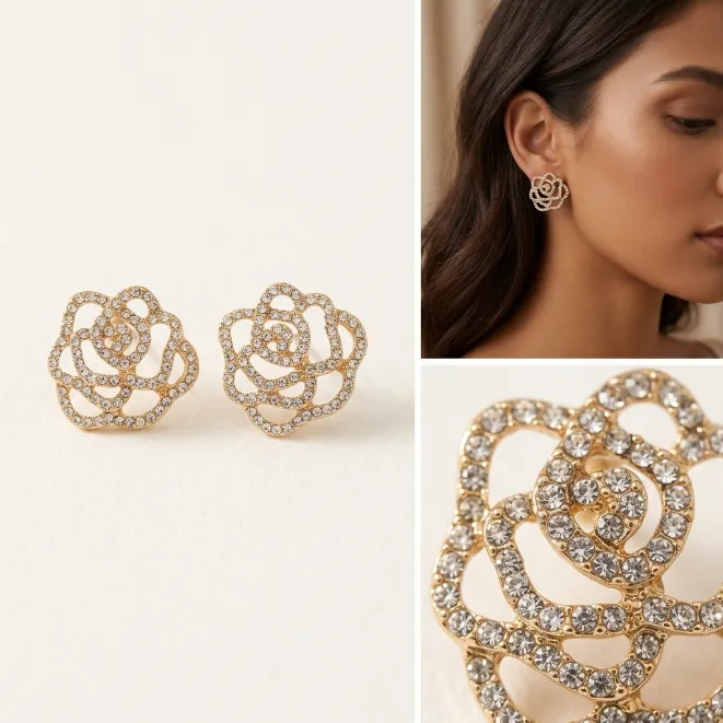 Gold pave rhinestone openwork rose flower zinc alloy stud earrings