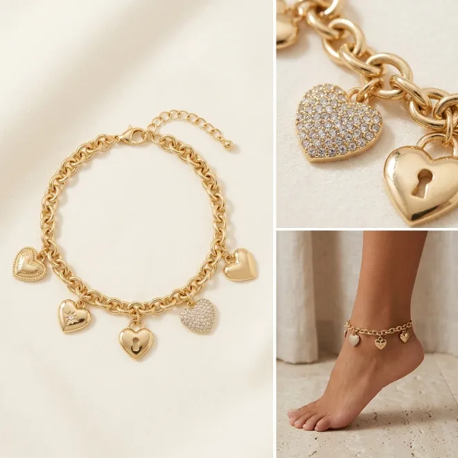 Gold chunky chain zinc alloy multi-heart charm anklet with paved rhinestone and heart lock