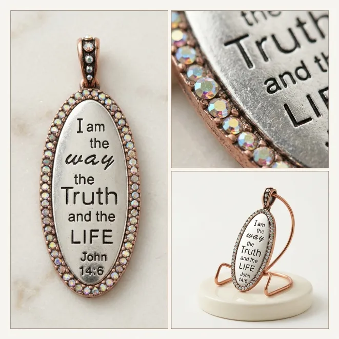 Two tone antique oval bible verse john 14 6 scripture zinc alloy pendant with ab crystals