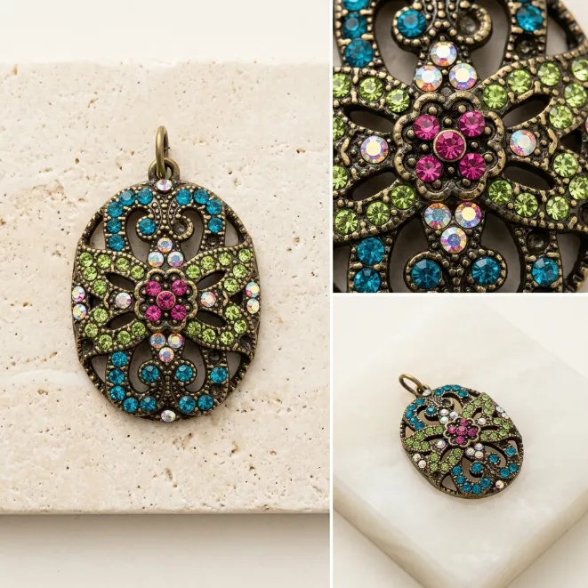 Antique bronze victorian filigree oval zinc alloy pendant charm with pink green blue rhinestones