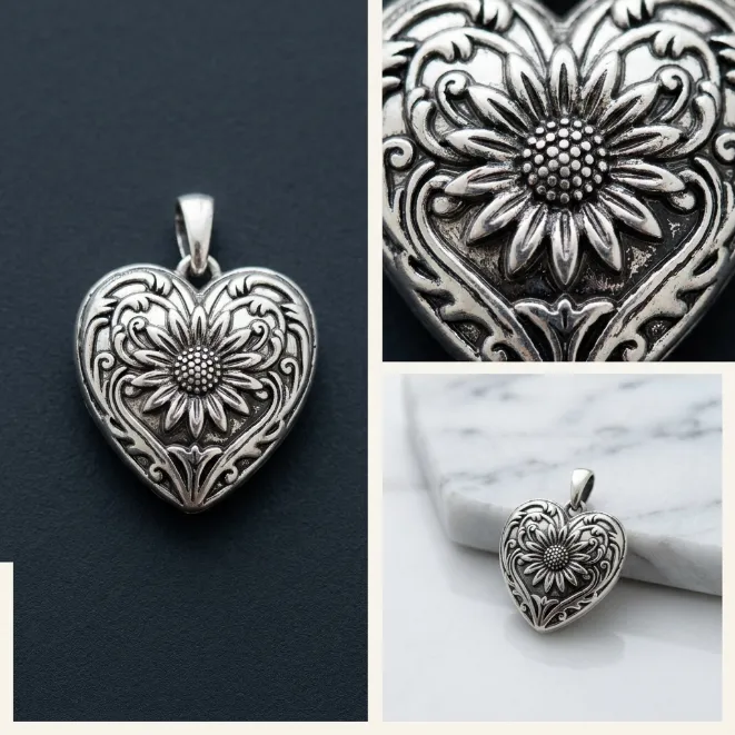 Antique silver heart shaped zinc alloy pendant charm with embossed sunflower scrollwork