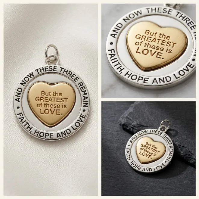 Two tone gold silver round bible verse faith hope love zinc alloy pendant with heart center