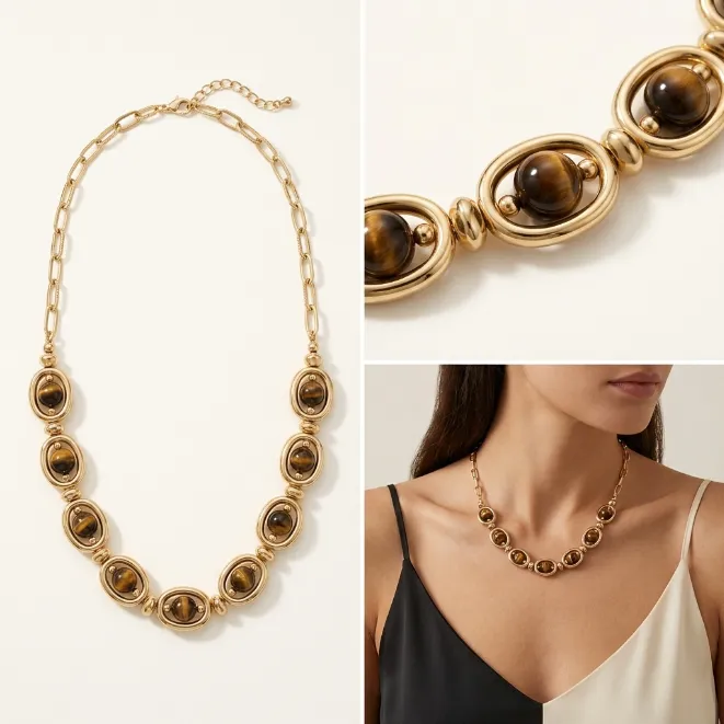 Gold paperclip chain zinc alloy necklace with oval framed tiger eye stone beads