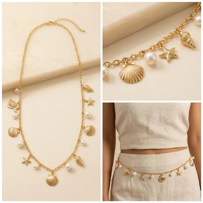 Gold ocean beach theme zinc alloy waist belly chain with shell starfish conch charms and pearls