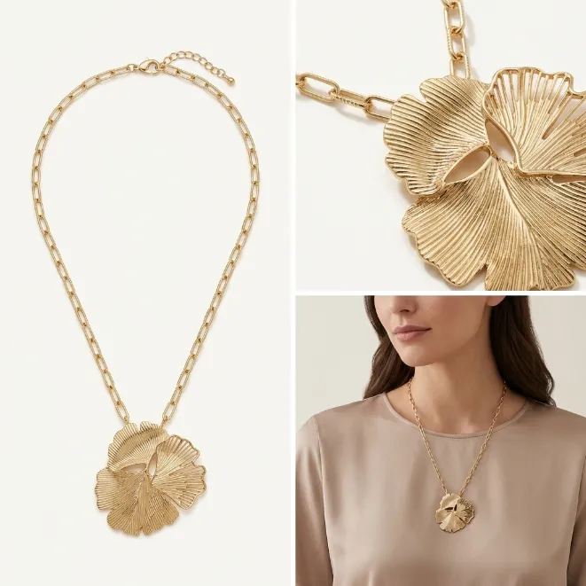 Gold textured ginkgo leaf flower petal zinc alloy pendant paperclip chain necklace