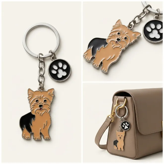 Silver yorkshire terrier dog enamel zinc alloy keychain with paw print charm