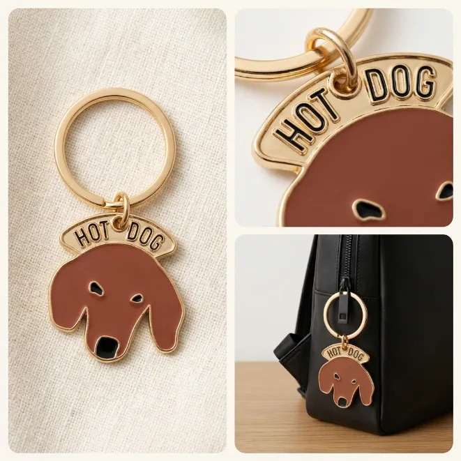 Gold dachshund dog head enamel zinc alloy keychain with hot dog letter text charm