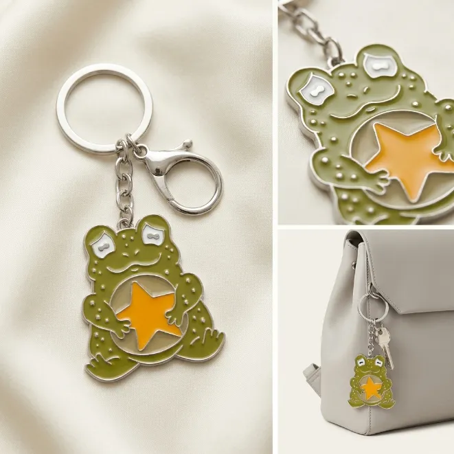 Silver cute olive green frog hugging yellow star enamel zinc alloy keychain with lobster clasp