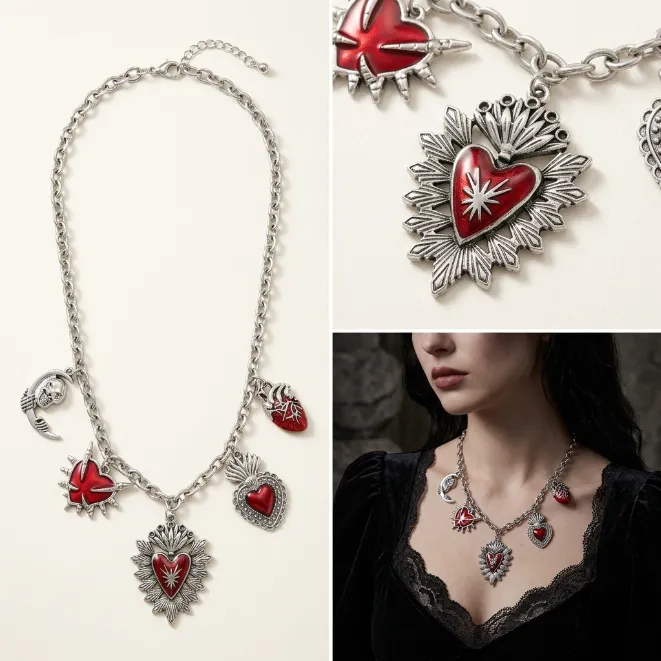 Antique silver gothic sacred heart skull moon red enamel zinc alloy charm necklace