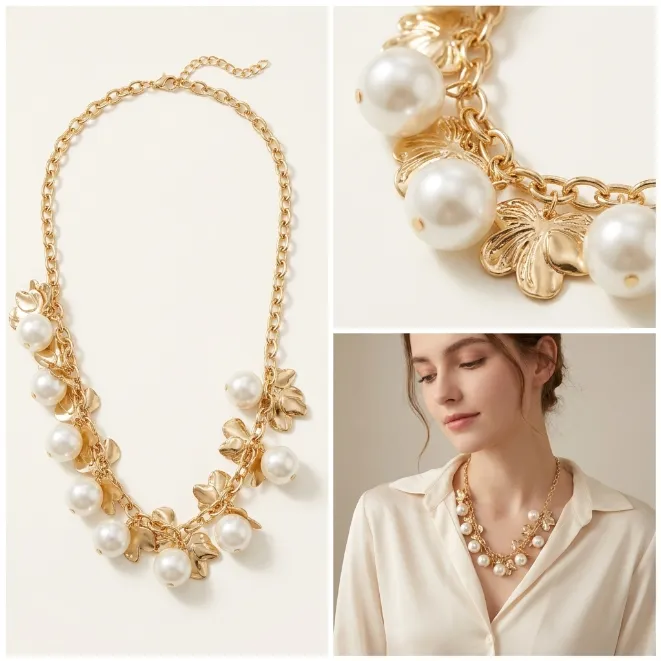 Gold iron heavy chain necklace with large white plastic pearls and metallic flower petal charms