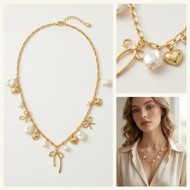 Gold bowknot heart charm zinc alloy twisted rope chain necklace with baroque pearls