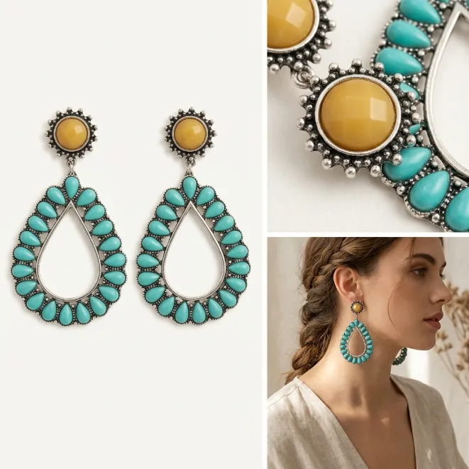 Antique silver western boho teardrop zinc alloy drop earrings with turquoise and yellow acrylic beads