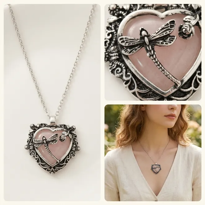 Antique silver victorian filigree heart pendant zinc alloy necklace with pink resin dragonfly and rose