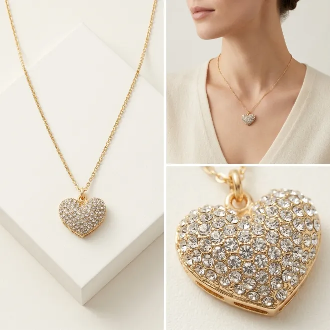 Gold pave cz rhinestone full crystal puffy heart zinc alloy pendant necklace